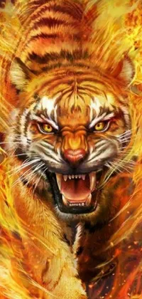 This phone live wallpaper features a stunning airbrush painting of a fierce tiger with flames shooting out of its mouth