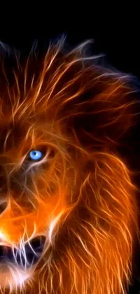 This digital art live wallpaper features a close-up of a lion's face on a black background