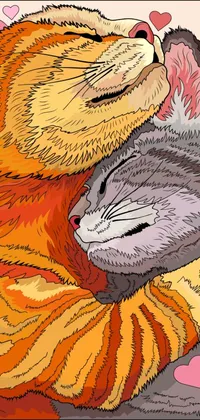 This phone live wallpaper showcases two adorable grey and orange cats cuddled up together in a digital painting