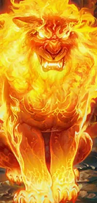 This mobile live wallpaper features an awe-inspiring image of a lion with flames arising from its mouth, created in fantasy art style
