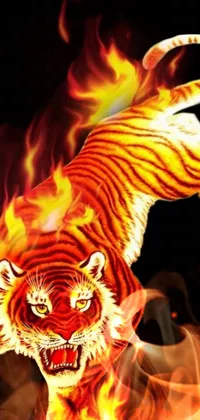 Looking for an eye-catching phone live wallpaper? Look no further than this stunning digital art of a tiger covered in flames! Created using the airbrush technique and set against a black backdrop, this attention-grabbing image will make for the perfect avatar image