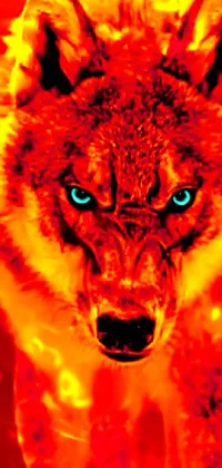 This phone live wallpaper showcases a digital art image of a fierce wolf with blue eyes against a fiery red lake background