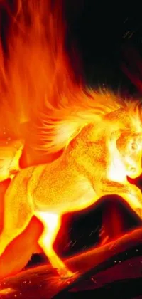 This phone live wallpaper features a striking digital rendering of a horse against a fiery background, creating a dynamic and energetic visual