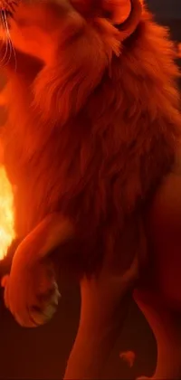Looking for a hyperrealistic live wallpaper for your phone? Look no further than this stunning image of a ferocious lion, standing strong in front of a fiery backdrop