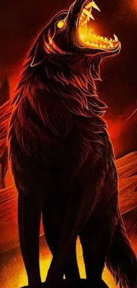 This phone live wallpaper depicts a stunning digital rendering of a howling wolf against the moon with a full-body, black and red longcoat, and red flames surrounding it