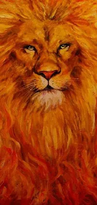 This live wallpaper depicts a stunning painting of a mighty lion with a mane of fiery hair