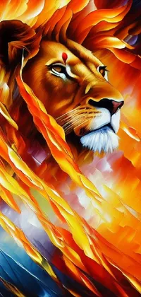 Looking for a stunning phone live wallpaper? Check out this close-up of an airbrush painting featuring a powerful lion with its fur detailed in orange fire and blue ice