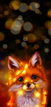 This phone live wallpaper features a digital painting of a furry fox wearing a string of lights, emitting a stunning golden glow