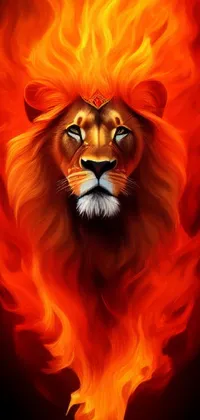The Fire Lion live wallpaper showcases a detailed illustration of a blazing lion, with every aspect of its fiery mane and snarling mouth depicted realistically in shimmering oranges and reds