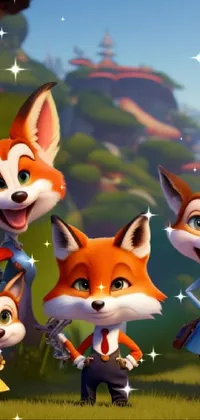 This live wallpaper features a group of cartoon foxes in a charming family portrait-style composition, complete with sly smiles