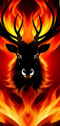 Intensify your phone's screen with this stunning live wallpaper featuring a bold portrayal of a deer's head engulfed in brilliant flames against a black background
