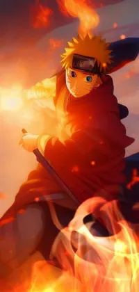 Indulge in an exhilarating live wallpaper for your phone with a heroic figure wielding a sword, against a dramatic backdrop of sun flares and fire
