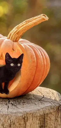 This lively phone live wallpaper features a black cat inside a pumpkin