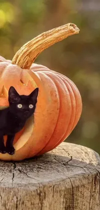 This phone live wallpaper features a black cat relaxing inside a carved pumpkin with a banana in its mouth