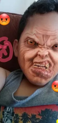This live wallpaper features a close-up view of a round-faced person sitting on a couch with a raging expression and emoticons depicting anger and frustration