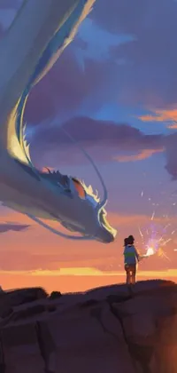 This captivating live phone wallpaper depicts a stunning fantasy scene of a person standing on a cliff near a river with a mythical dragon flying in the distance