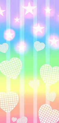 This phone live wallpaper showcases a colorful and vibrant rainbow-themed background with floating hearts and stars