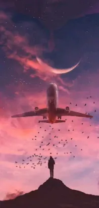 This live wallpaper depicts a surreal scene of a person standing on a hill, gazing up at a plane flying through the pink and purple painted sky
