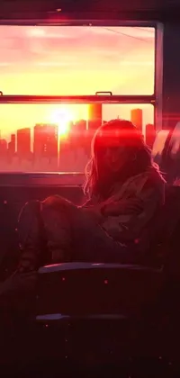 This live wallpaper features a cyberpunk-themed landscape where a person sits bus as they look out the window and the scene unfolds before them
