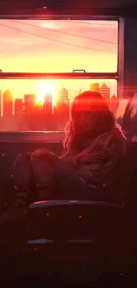 This phone live wallpaper features a stunning piece of cyberpunk art with a woman on a bus looking out the window at a futuristic cityscape