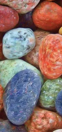 This stunning live wallpaper features a beautifully arranged pile of colorful rocks in pastel shades