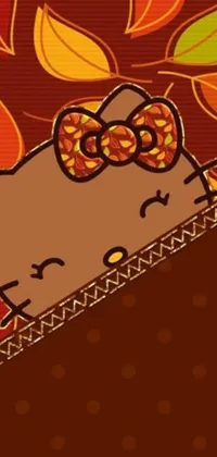 This adorable live wallpaper for phones showcases a cat with a bow lying on a pillow, set against a cozy autumn background filled with warm brown, red, and gold tones