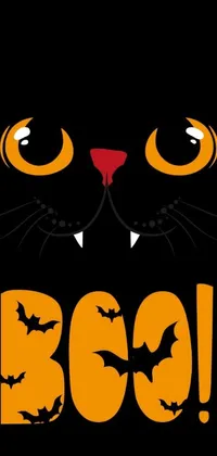 This phone live wallpaper features a close-up of a cat's face on a black background with a playful halloween poster design inspired by the Japanese folk art style of mingei
