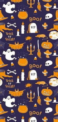 This Halloween-themed live wallpaper features a pattern of spooky and playful items on a blue background