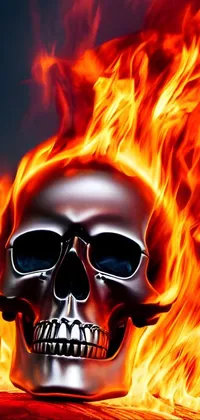 This intense live wallpaper features a detailed digital rendering of a skull set against a fiery background with a highway to hell theme