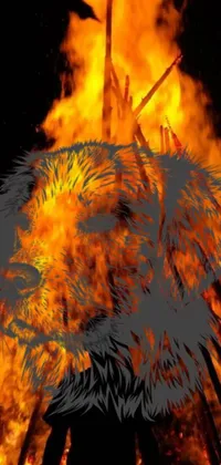 This live wallpaper for your phone depicts a beautiful digital art piece featuring a dog standing in front of a fire