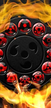This phone live wallpaper features a clock adorned with red and black Skulls