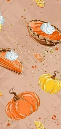 Looking for a cheerful and colorful live wallpaper for your phone? Check out this digital rendering by Lena Alexander featuring a repeating pattern of warm and inviting pies and pumpkins set against a light brown background with glitter accents
