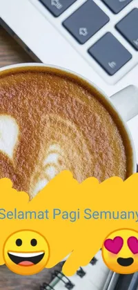 This phone live wallpaper features a cheerful cup of coffee with a smiley face drawn on it