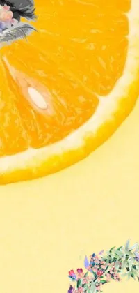 This phone live wallpaper features a stunningly realistic painting of a sliced orange with a blue eye, set against a bright yellow background reminiscent of lemonade