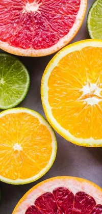 This phone live wallpaper features a close-up shot of multicolored oranges and limes