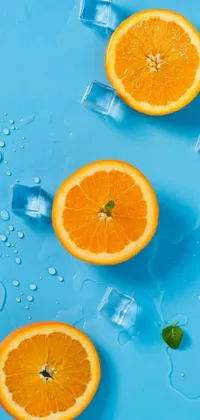 This lively phone live wallpaper features slices of fresh citrus oranges and ice cubes placed on a blue surface, creating a refreshing and colorful display