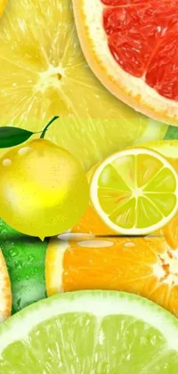 This phone live wallpaper showcases a vibrant group of citrus fruits, namely oranges, lemons, limes, and grapefruits depicted in a colorful vector art style