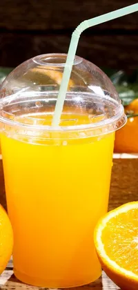 This live wallpaper features a plastic cup with a straw and juicy oranges, fully covering the frame in a closeup at the food