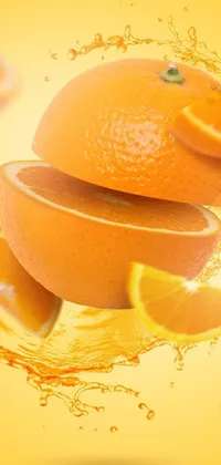 This digital art wallpaper features a stunning close-up of a half-sliced orange