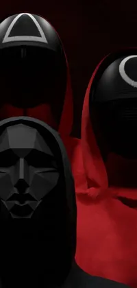 This phone live wallpaper features a group of mannequins dressed in black and red clothing against a black background