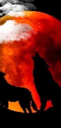 This live wallpaper features a majestic wolf standing before a full moon in stunning shades of red and orange