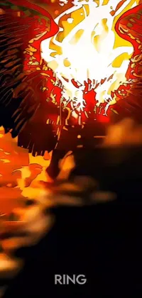 This phone live wallpaper features a stunning digital artwork of a person standing in front of a blazing fire