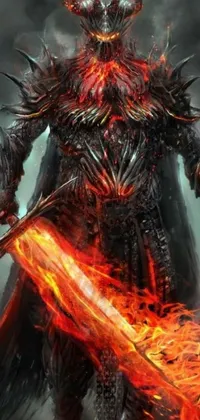 This live wallpaper features a menacing demon wielding a sword and fire, set against a dark background