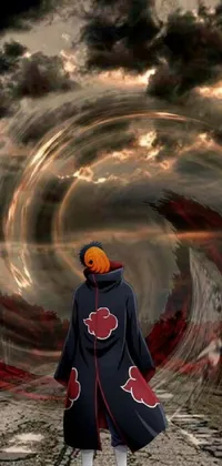 This phone live wallpaper highlights an individual standing in the middle of a road with an orange and black coat while spiral clouds whirl around them