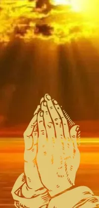 Looking for a stunning live wallpaper for your phone that captures the beauty of a sunset with exquisite detail? Check out this digital rendering that features a mesmerizing sunset in the background, subtly complemented by the silhouette of praying hands in the foreground