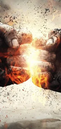 This live phone wallpaper features incredible digital artwork depicting hands with fire