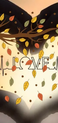 This live wallpaper for your phone features a cute cartoon illustration of a heart made with two hands, on a background of colorful autumn leaves