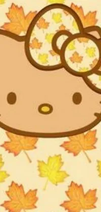 This fall-themed phone live wallpaper depicts Hello Kitty sitting atop a colorful pile of leaves