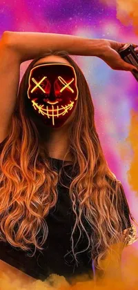 This phone live wallpaper features a digital artwork of a woman holding a gun in front of her face in an elaborate lights background, inspired by Tumblr