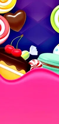 This lively phone live wallpaper boasts an abundance of delightful candy illustrations on a pink backdrop